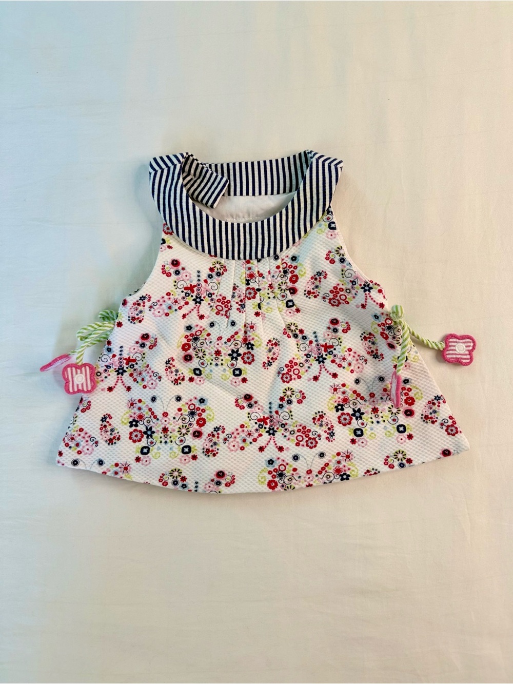 Florence Eiseman White Top with Navy Striped Collar and Multicolor Floral